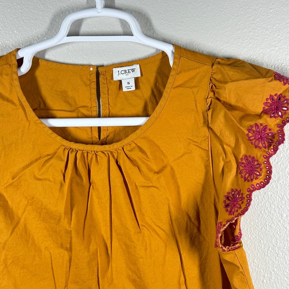 J.Crew Mustard Yellow Eyelet Flutter Sleeve Cotton Top Small Floral Pink Accent